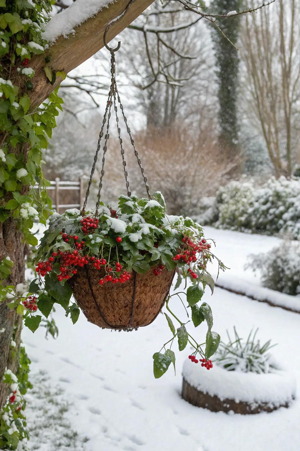Red berries add a festive pop to winter displays.