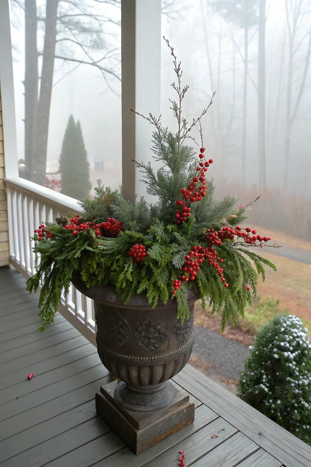 Red berries add a vivid splash of color to winter greenery.