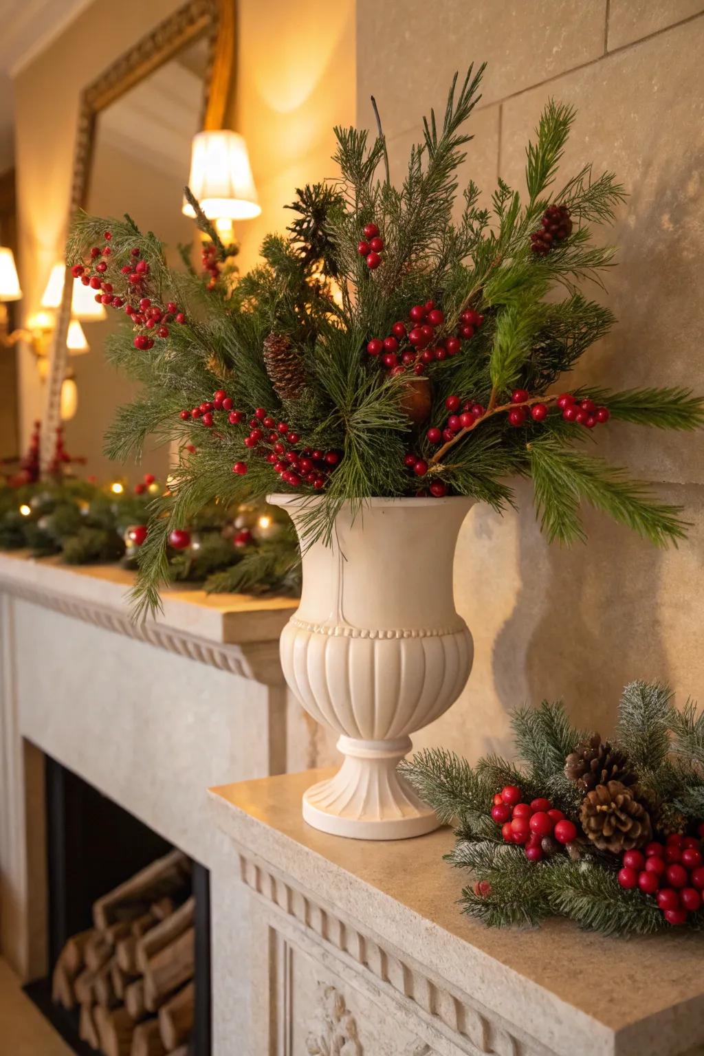 Evergreen and berry displays bring celebratory joy to your dwelling.