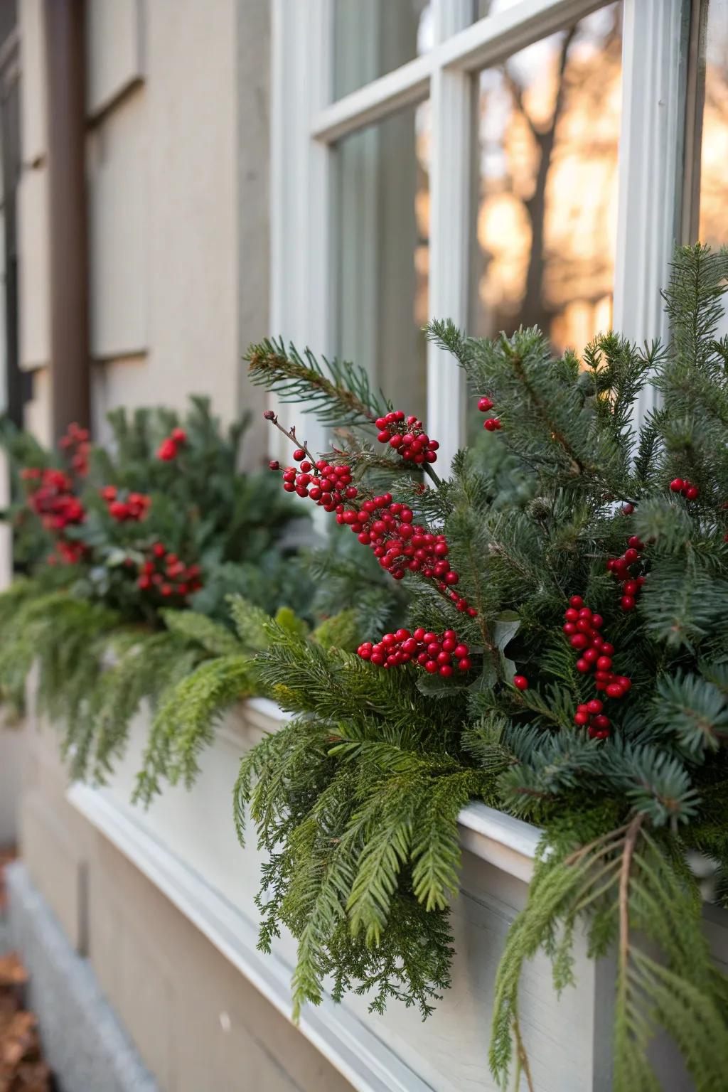Against a lush verdant backdrop, red berries truly stand out in this delightful window box.