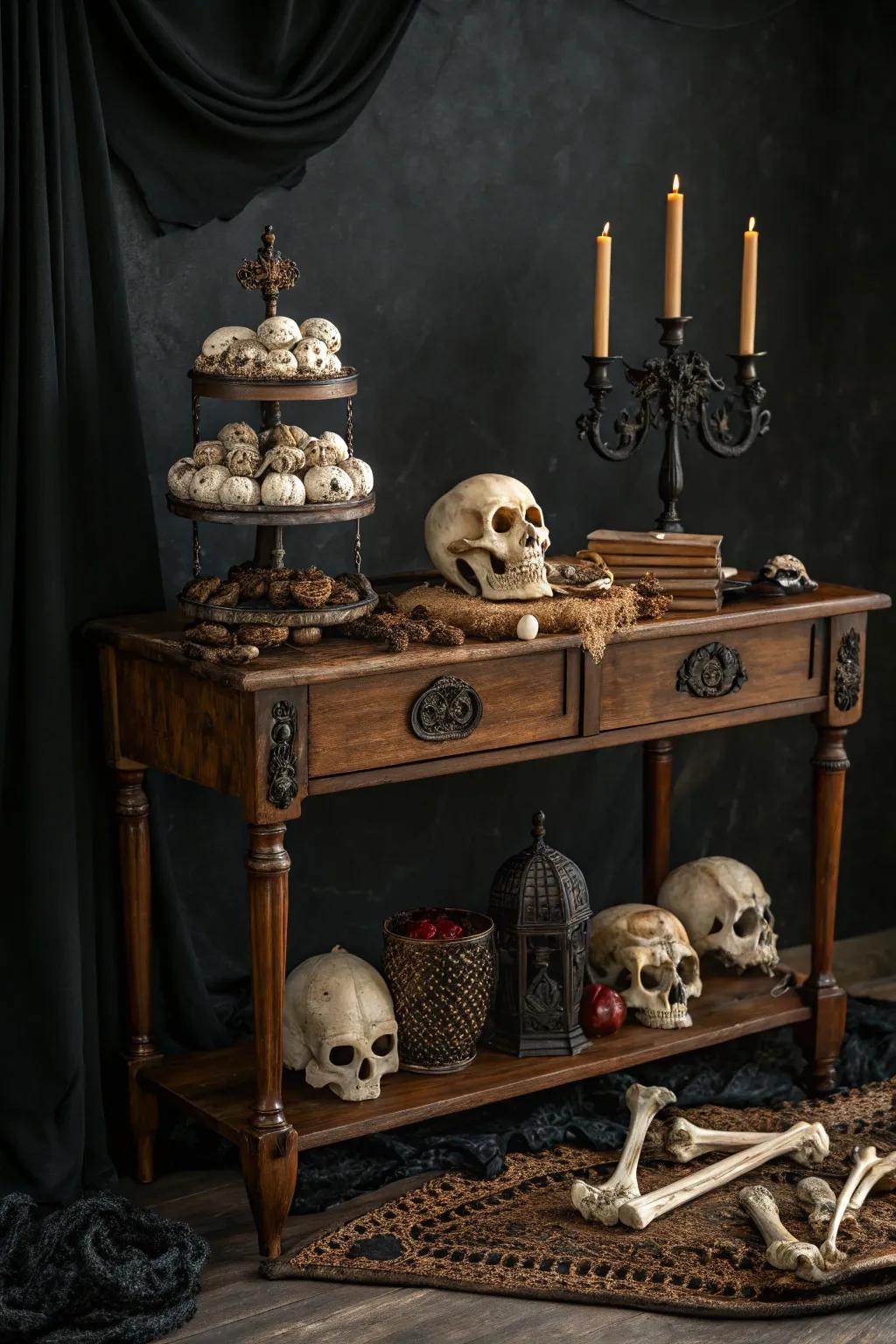 Ornamental crania and ossuaries for a spooky impression.