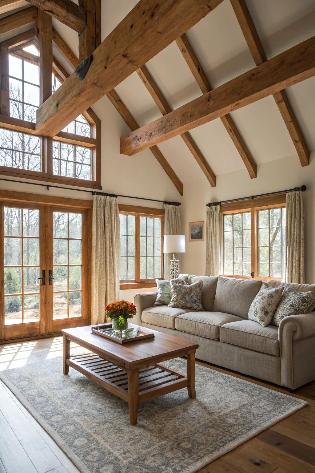 Open and spacious family area featuring wood beams and ample sunshine.
