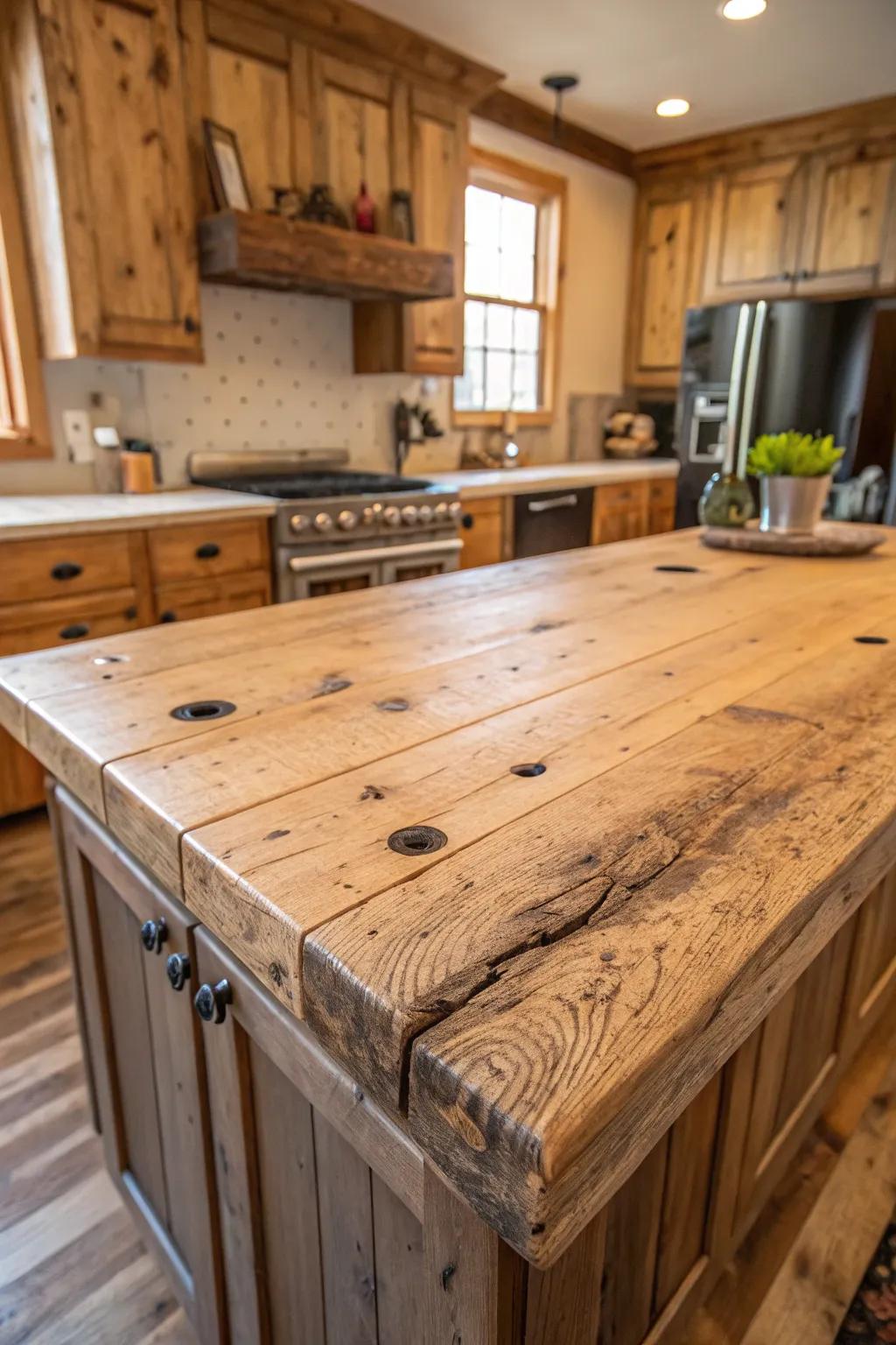 Reclaimed timber countertops telling a story through each mark and groove.
