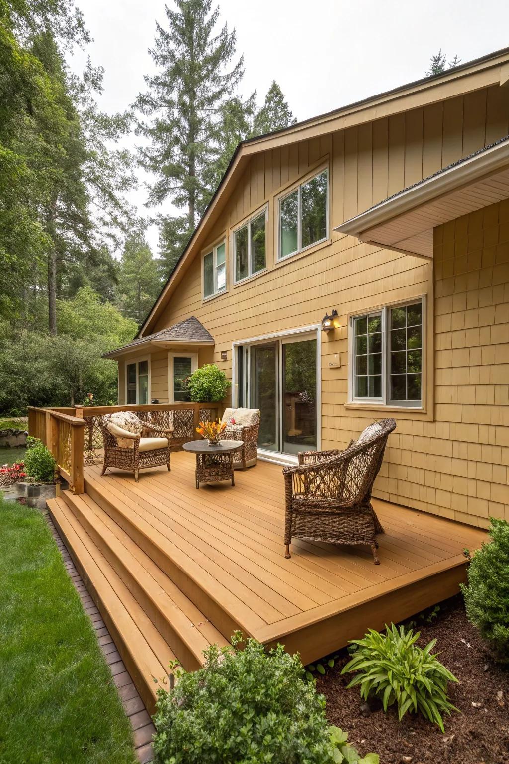 The welcoming radiance of an amber-hue deck enhances the coziness of a tan house.