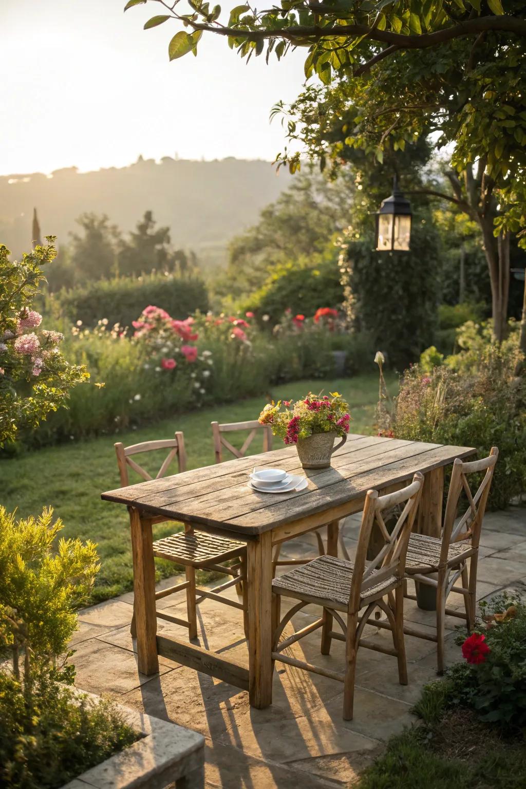 A rustic wood dining set for a charming outdoor dining experience