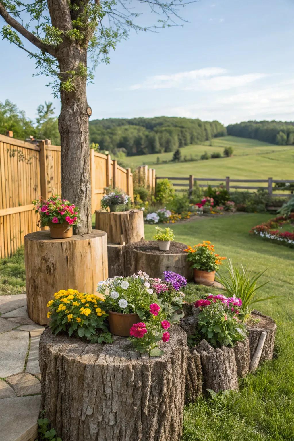 Produce natural appeal using wood chunk and root ball planters.