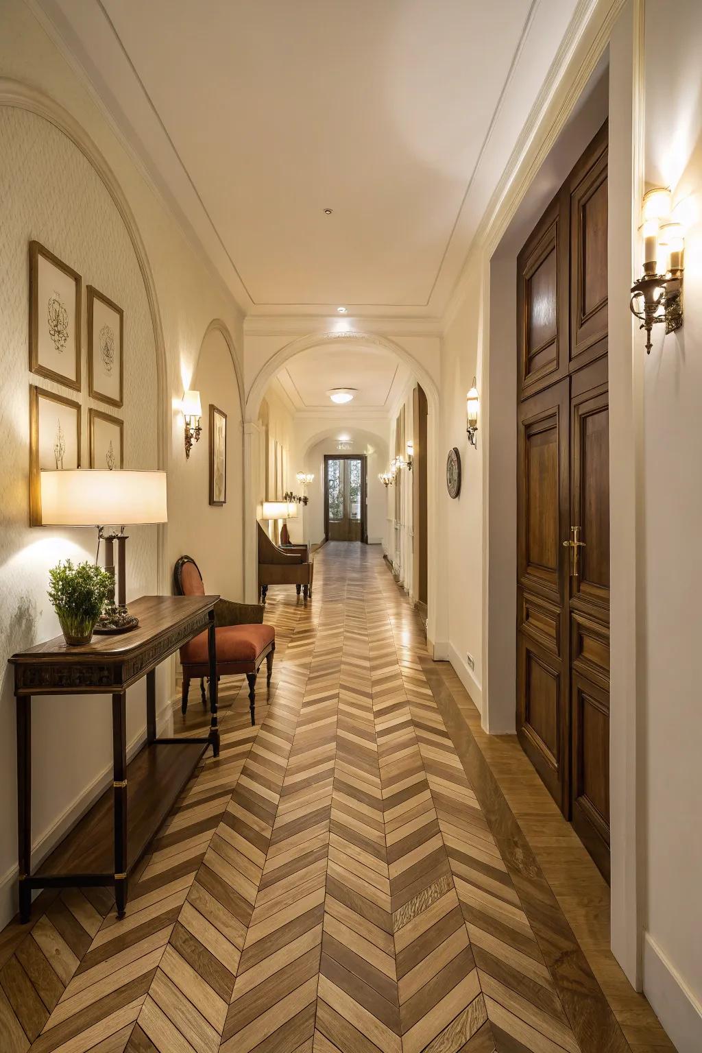 A trendy entrance displaying a remarkable chevron wood floor design.