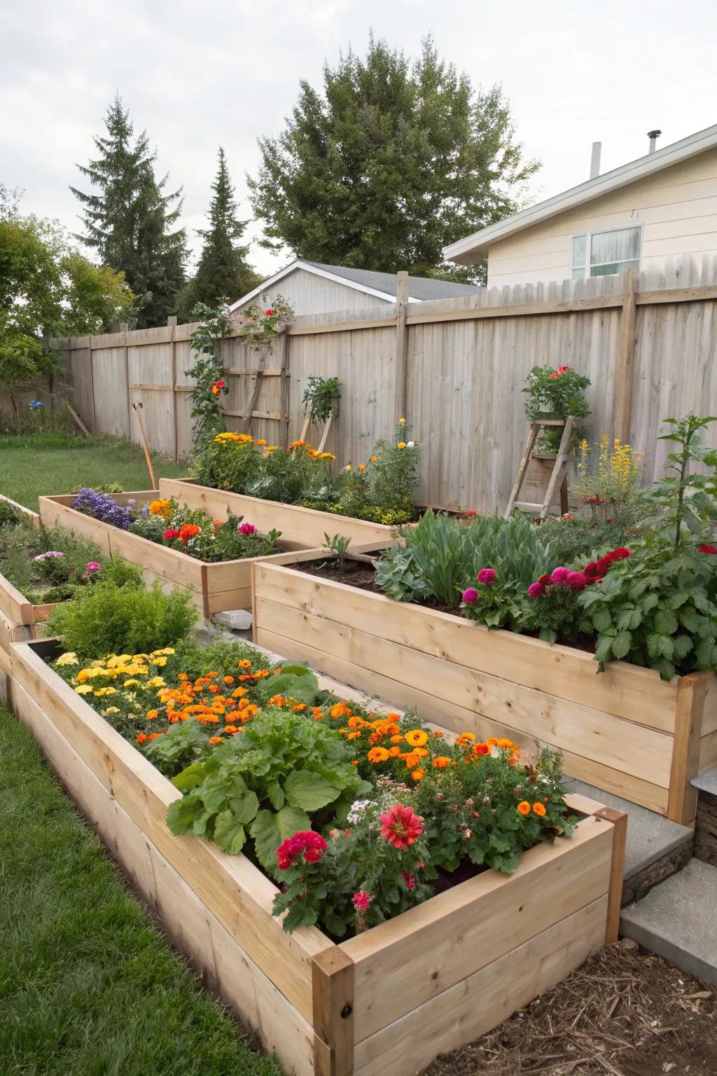 Tiered garden beds infuse your space with vibrant beauty.