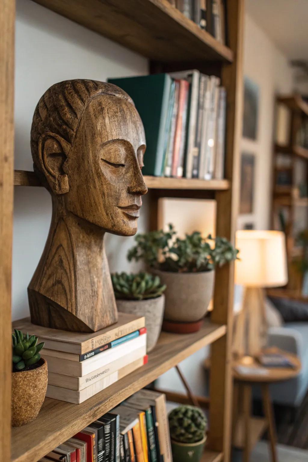 Introduce intrigue to your design with a stimulating wooden portrait sculpture.