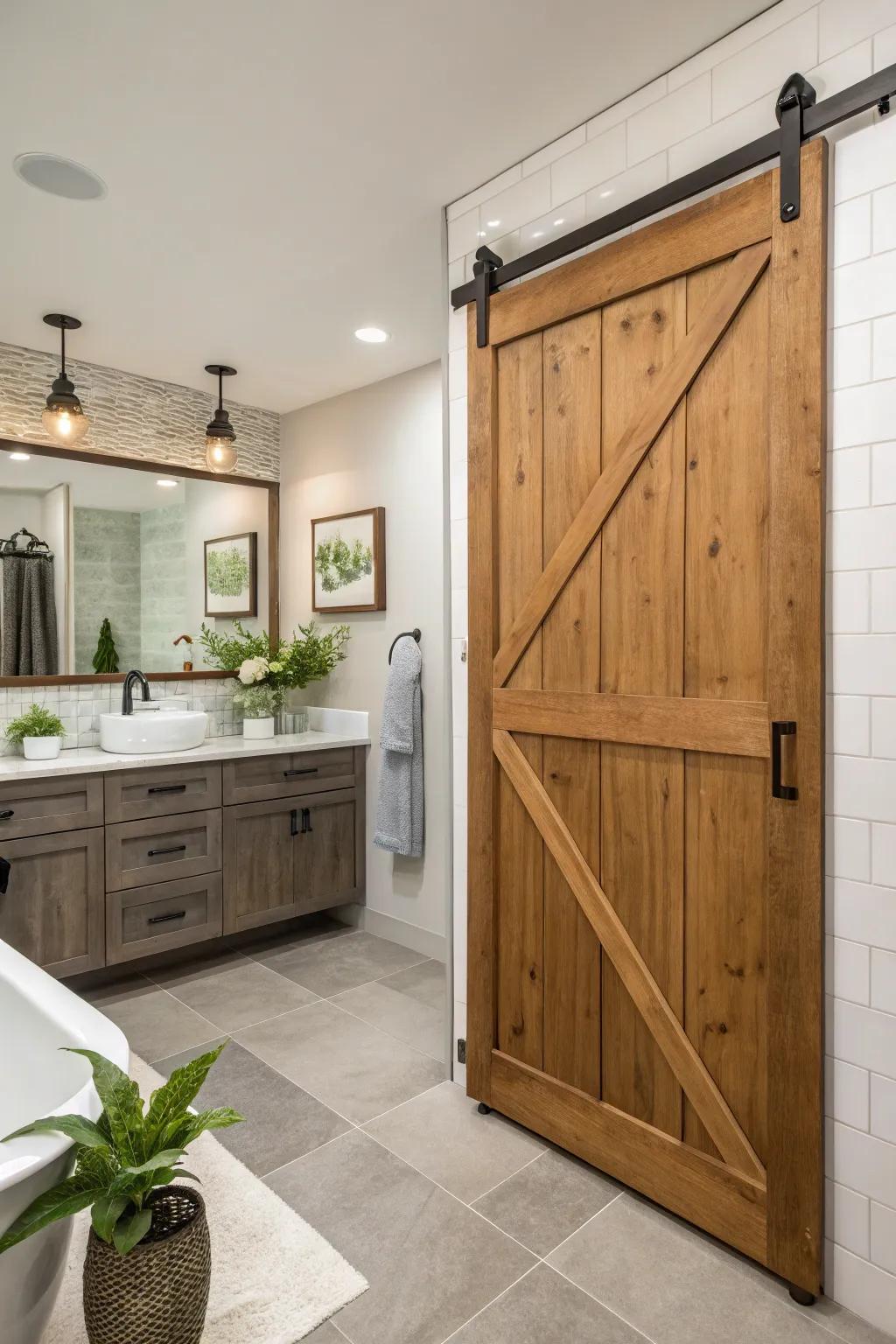 Sliding barn-style doors bring a rustic elegance to any bathroom.