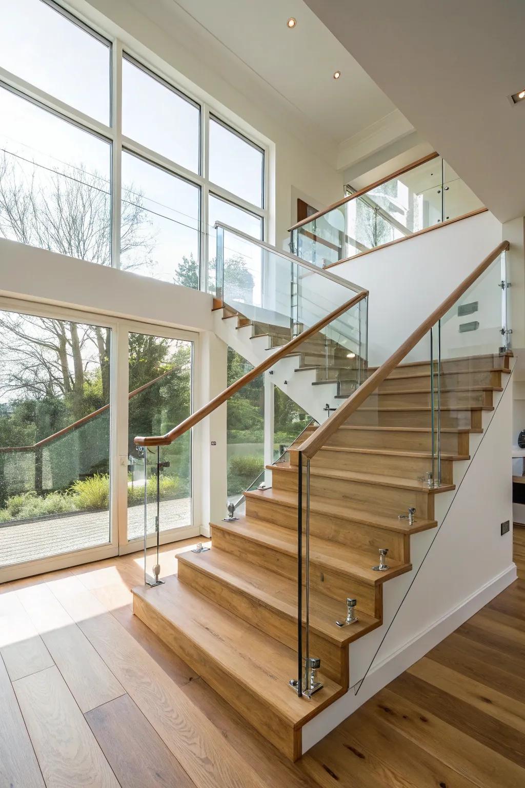 Refined modernism: wood and glass railing.