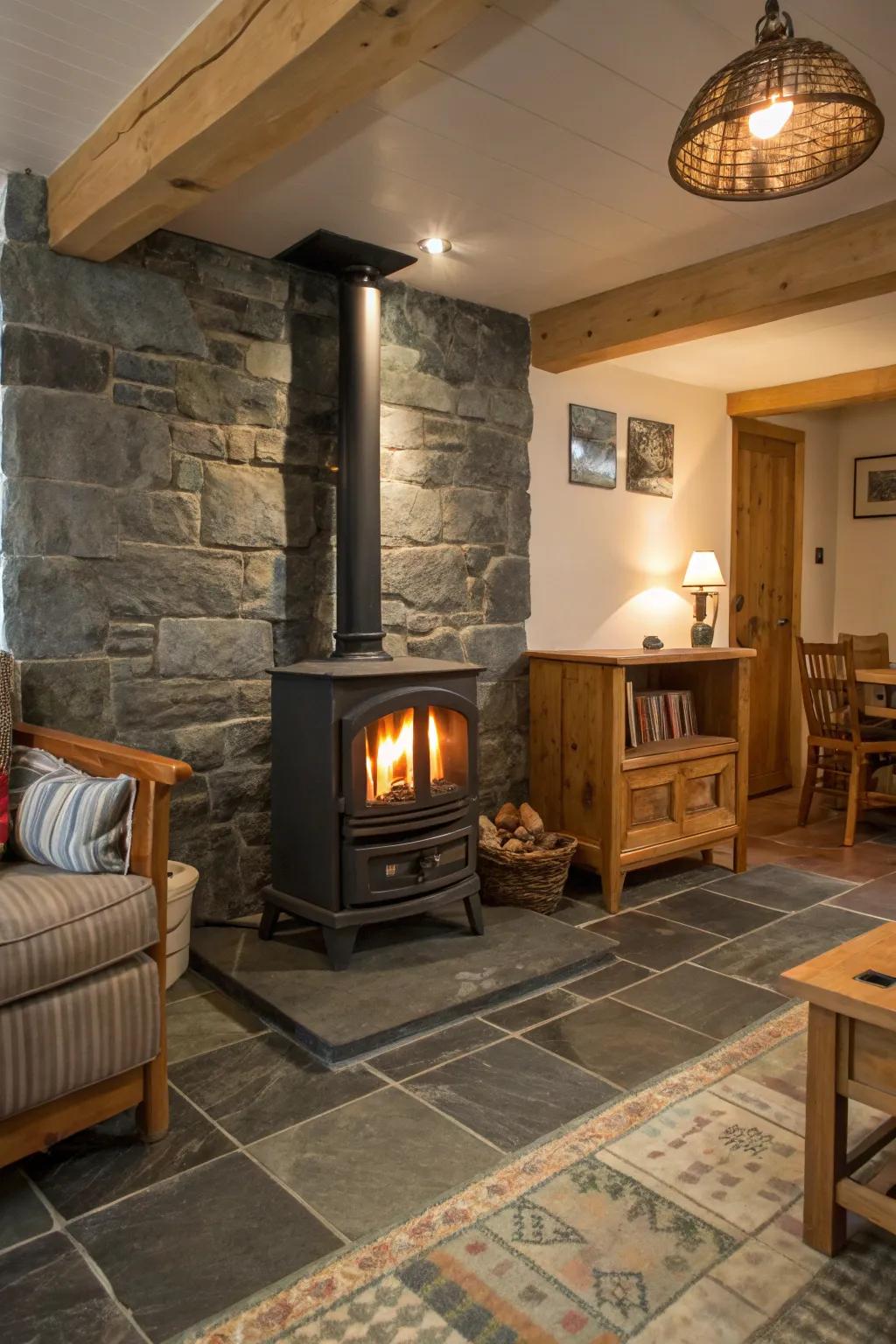 Authentic stone tiles infuse country charm and warmth into a wood stove surround.
