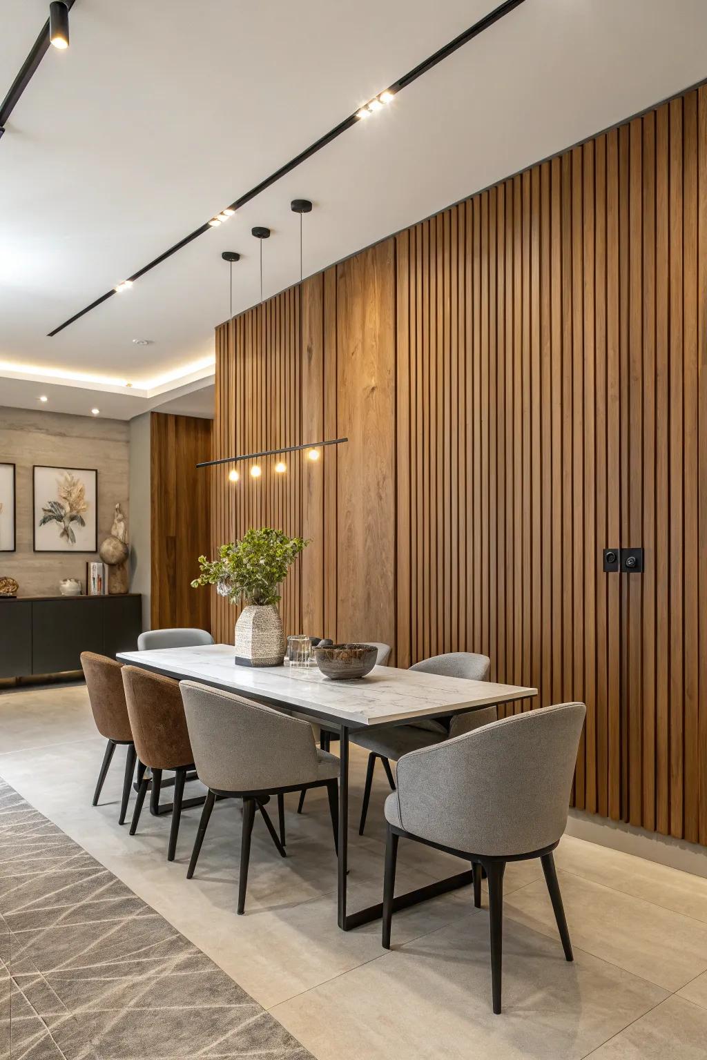 A dining area featuring vertically oriented wood panels for a modern ambiance.