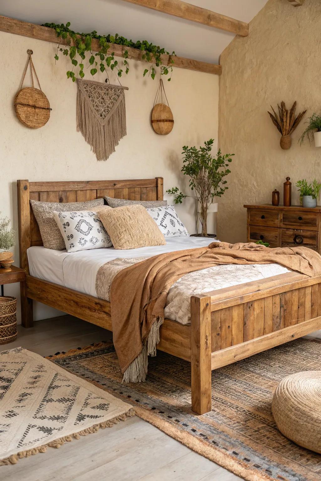 A wood bed with a rustic vibe that adds warmth to a space.