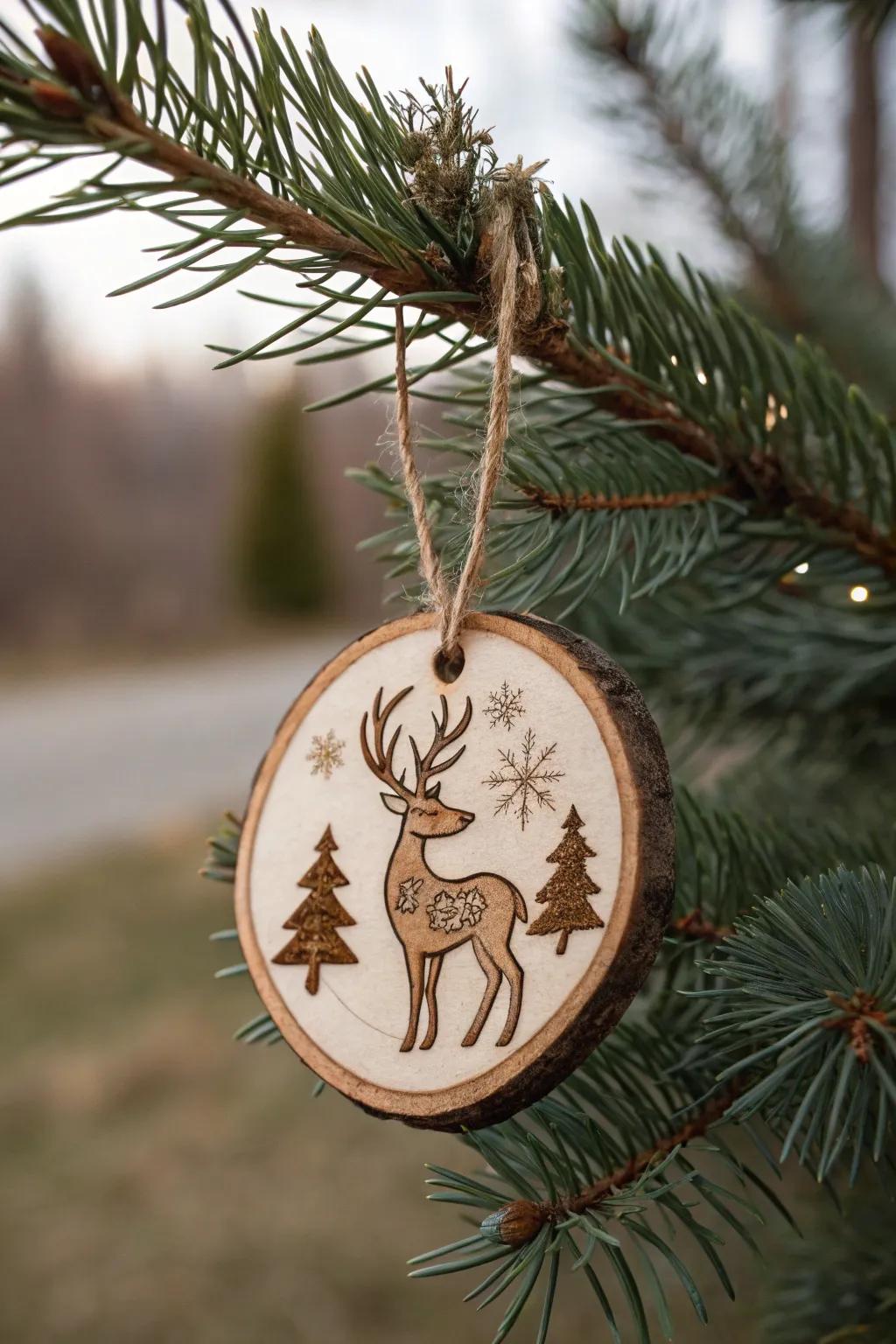 A rustic reindeer etched into a wooden disc decoration.