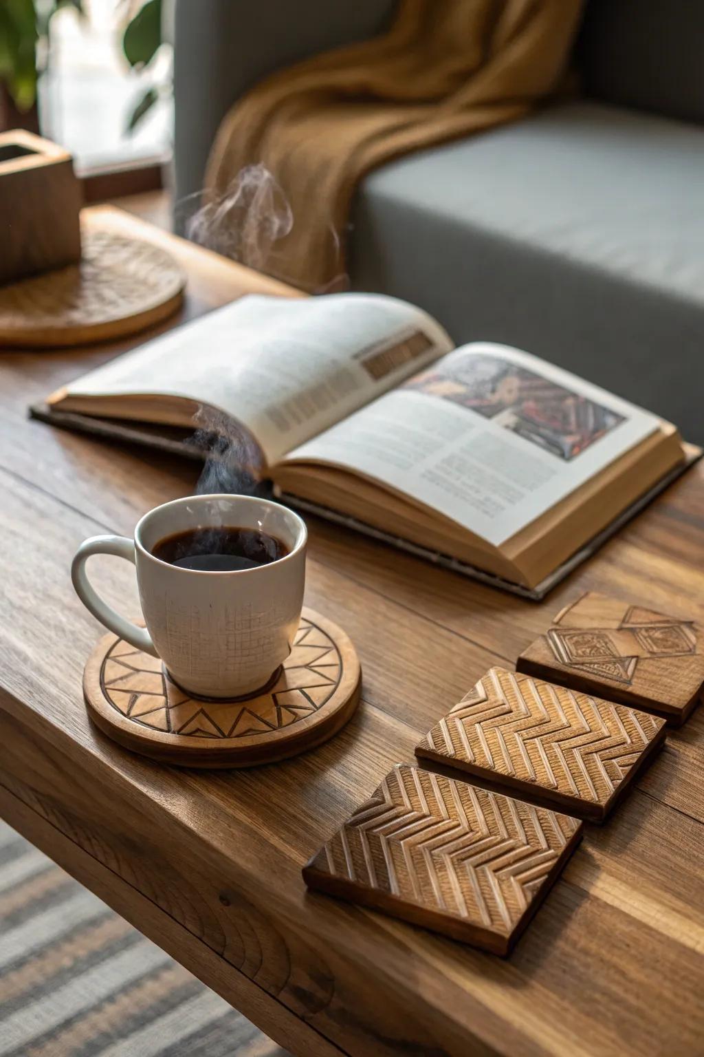 Artisanal wooden coasters impart style to any table arrangement.