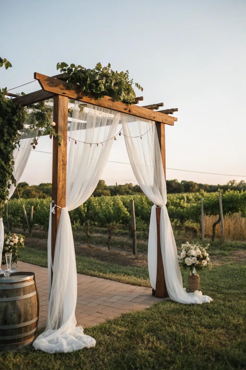 Romantic fabrics on a timber arch create a dreamy mood.