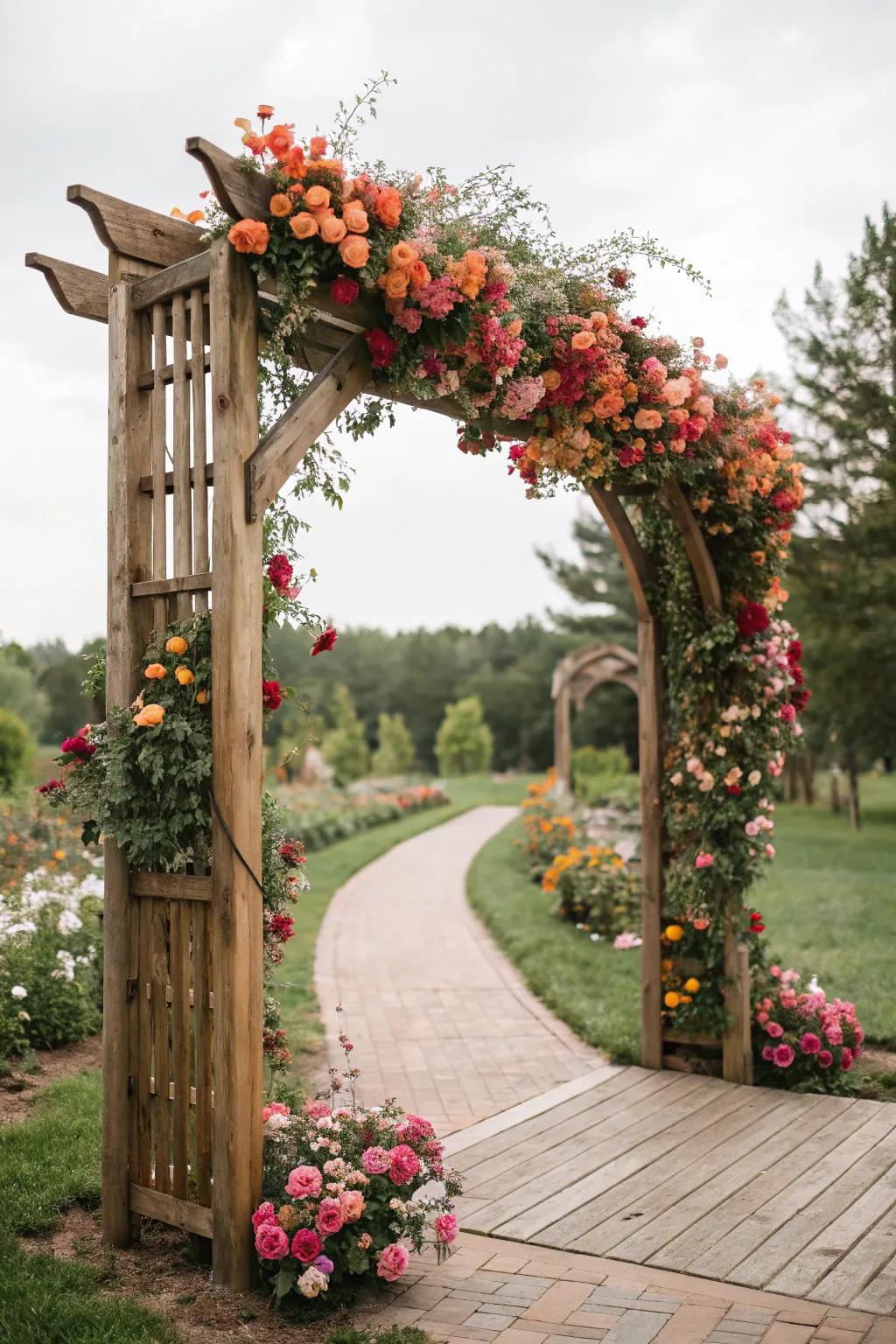 A wooden gateway exquisitely embellished with vibrant blossoms, perfect for a garden-themed wedding.