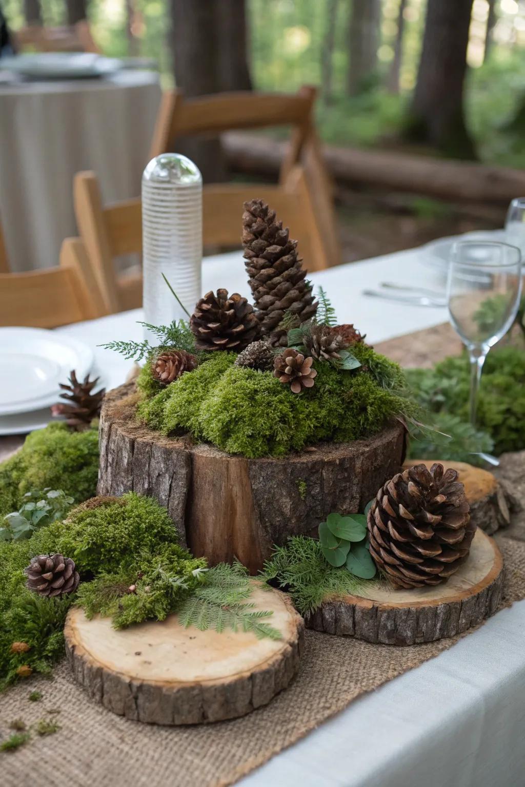 Natural elements like moss and pinecones craft breathtaking centerpieces.