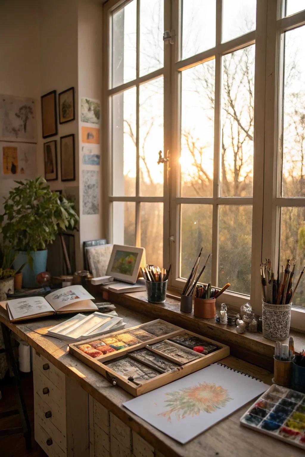 Sunlight fills the studio, sparking creativity.