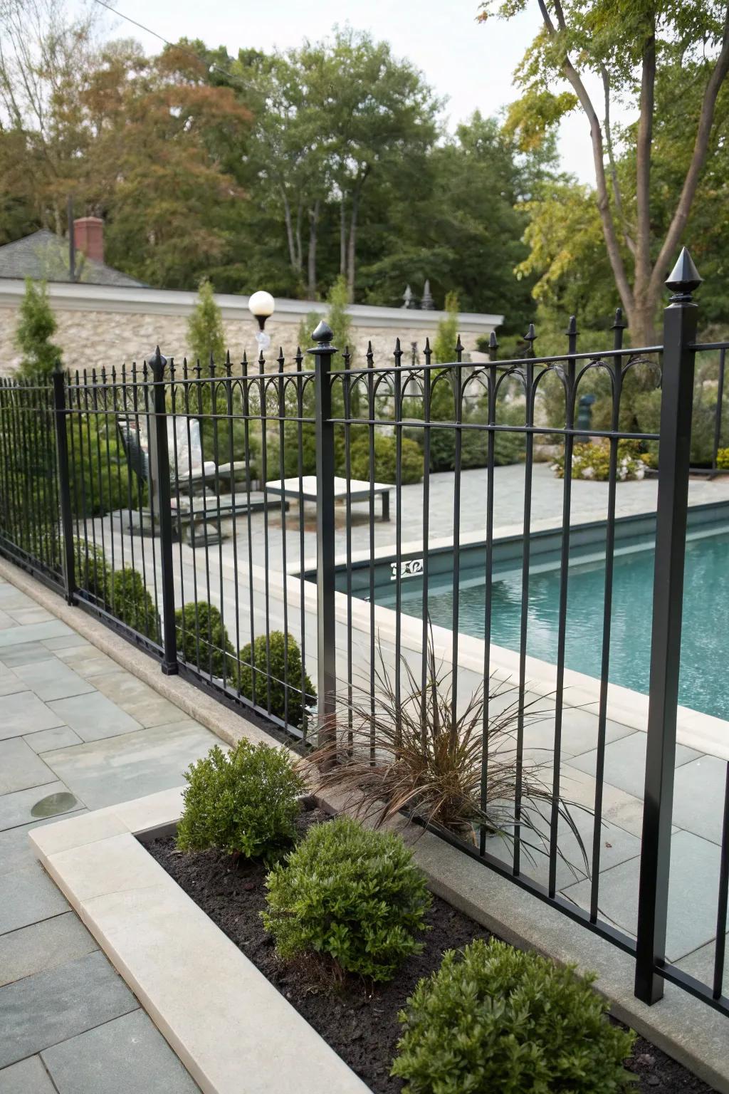 The understated lines of a minimalist wrought iron fence accentuate this contemporary poolside.