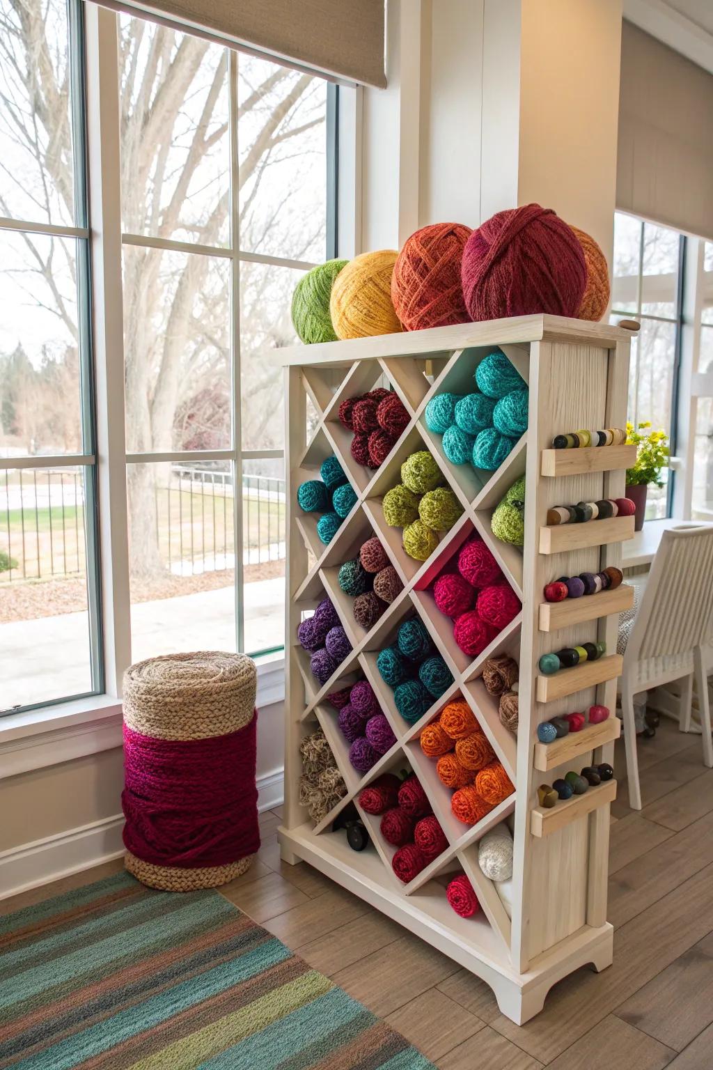 A bottle holder repurposed for yarn storage brings elegance to the craft area.