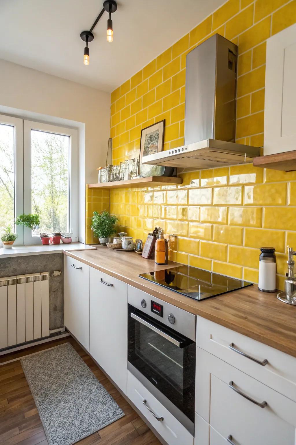 A sunny yellow backsplash brings a vibrant touch without overpowering the room.