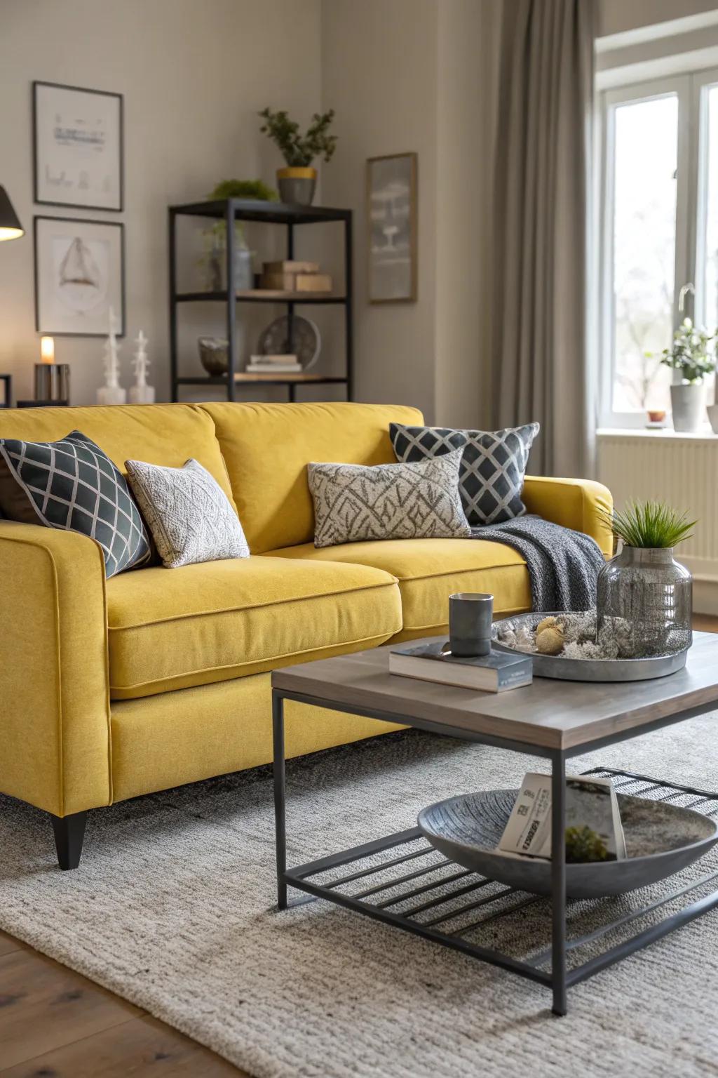 A vibrant living area featuring a yellow couch as its focal point.