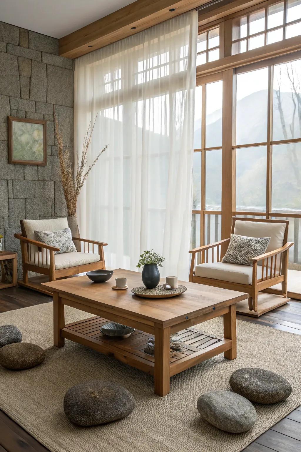 Ecological elements like timber and rock create an organic vibe.