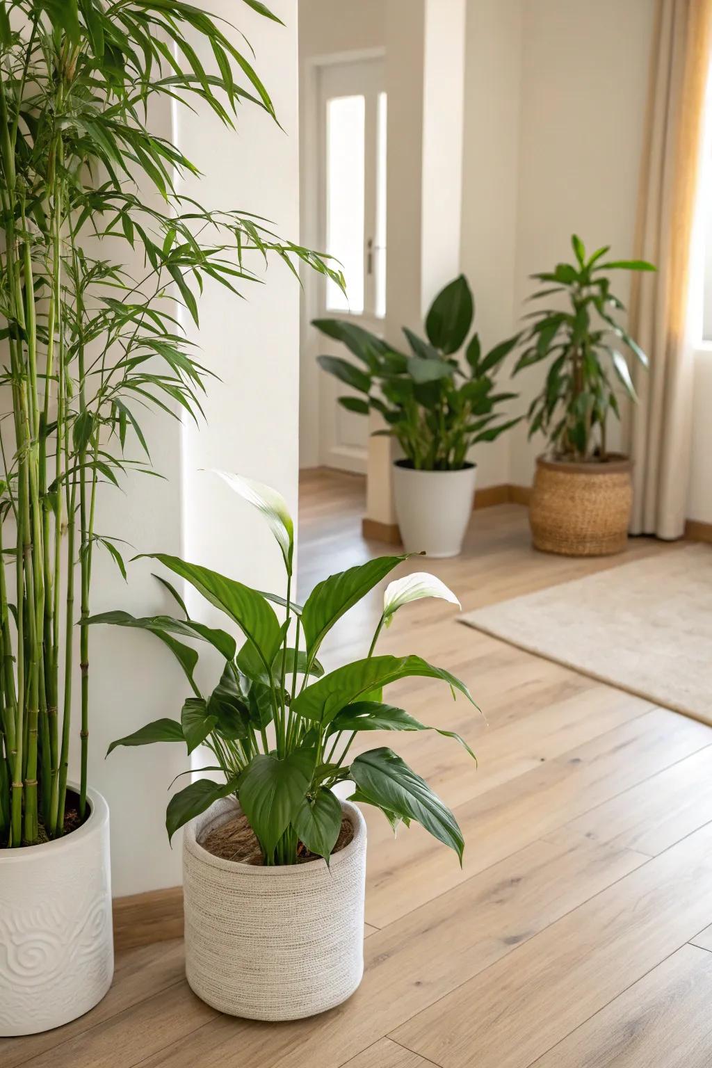 Houseplants inject the outdoors into a minimalist setting.