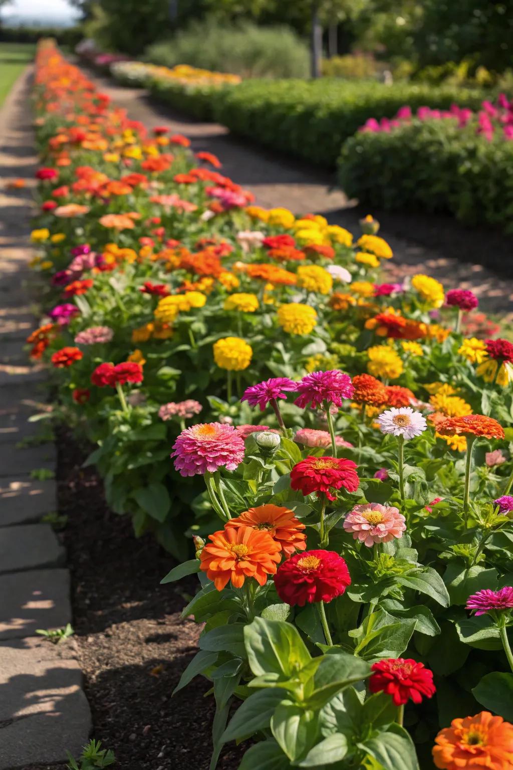 A spectrum blossom bed with zinnias flourishing in every conceivable shade.
