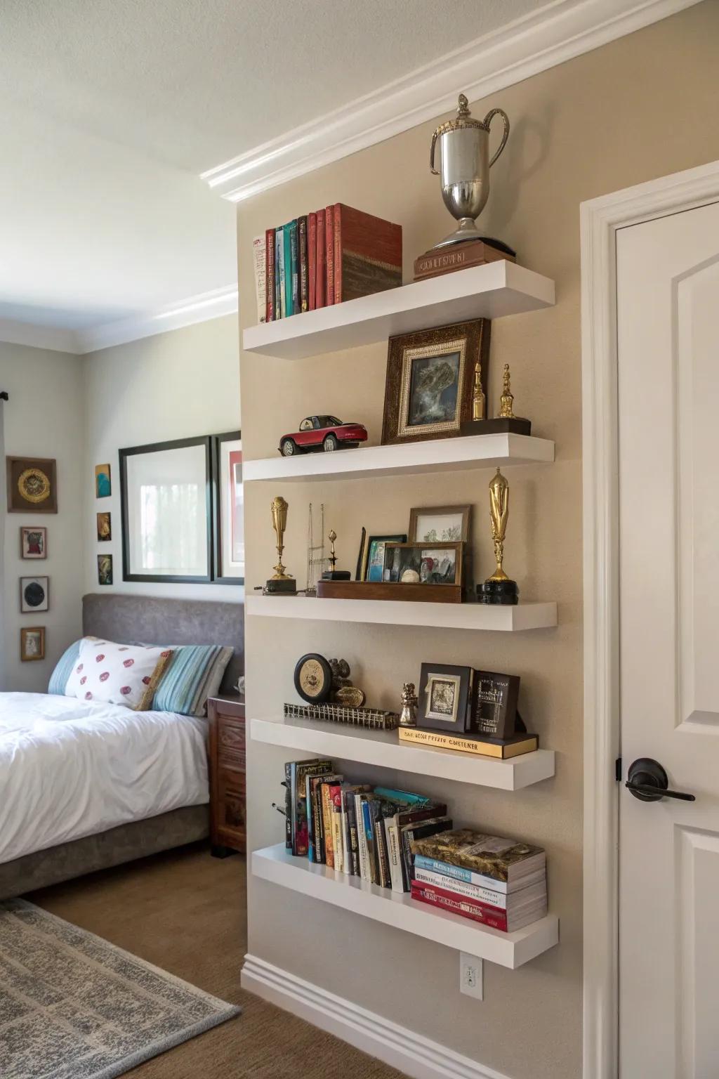 Wall mounted shelves display her personality and achievements in an organized manner.