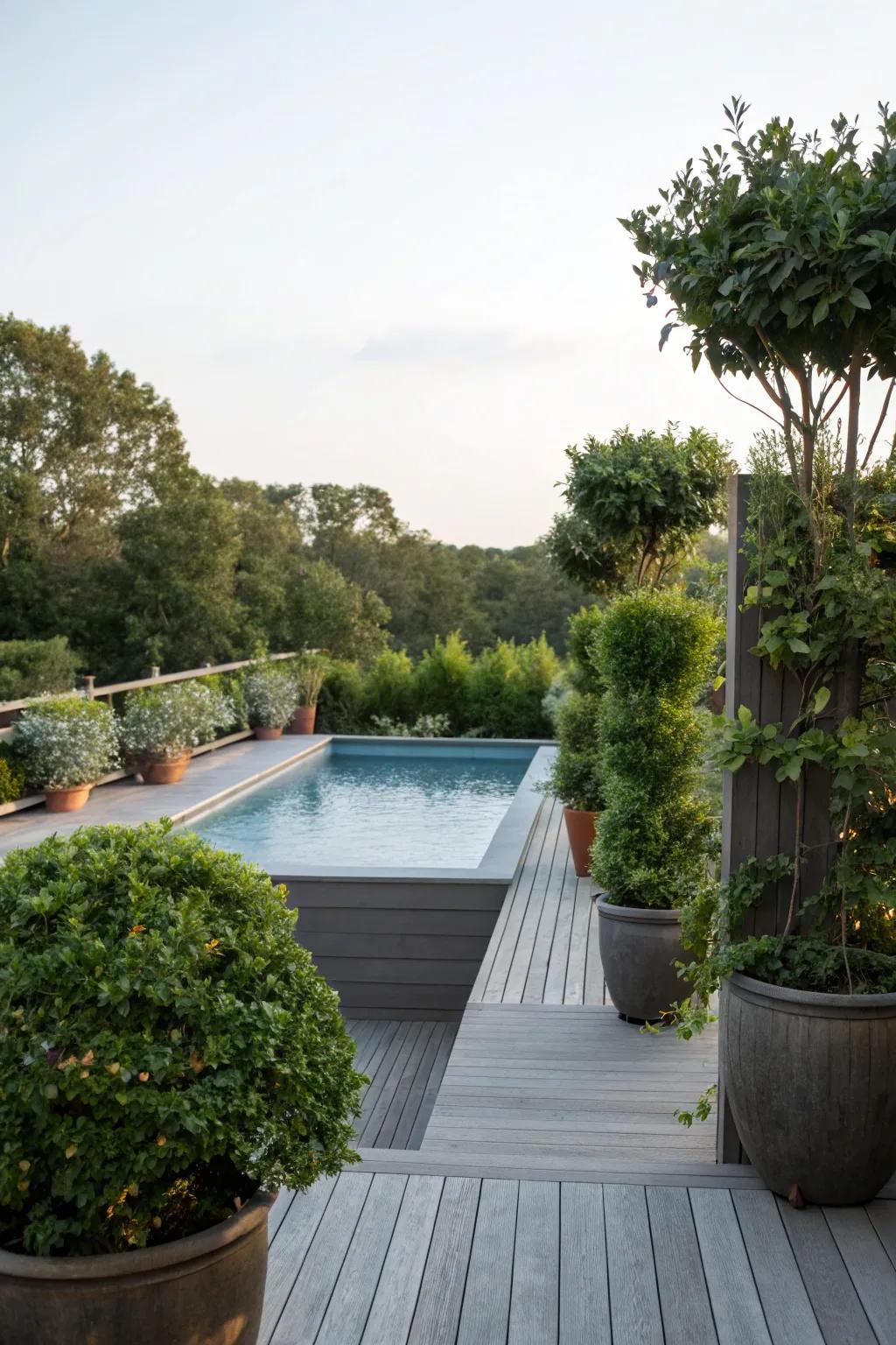 Tall plant vessels impart privacy and a hint of seclusion.