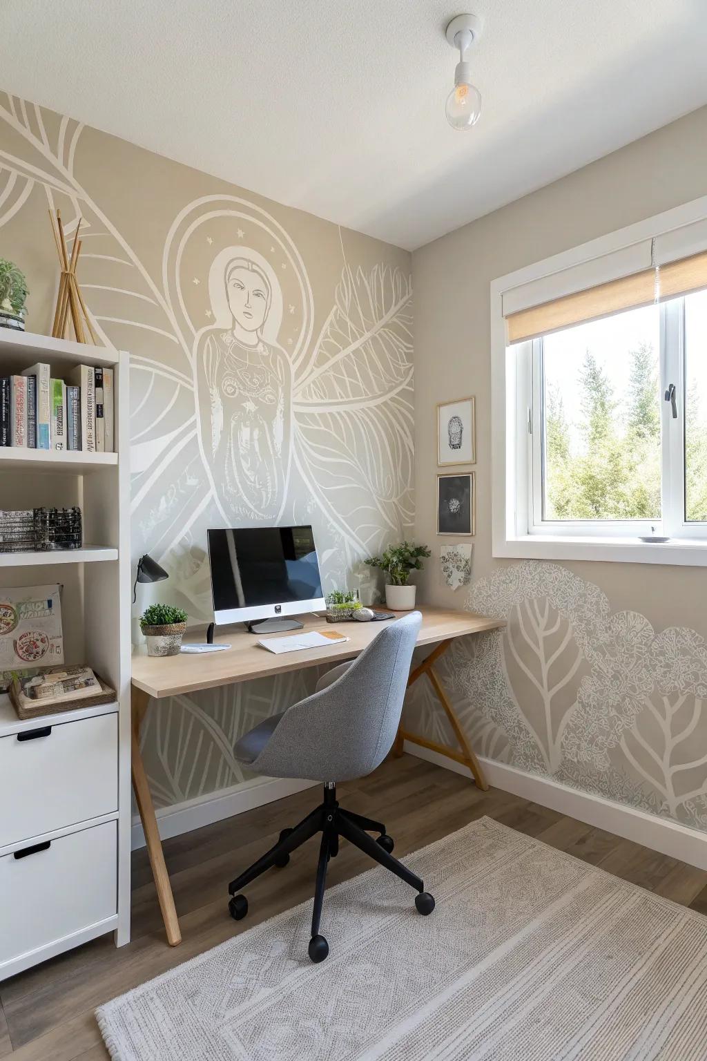 Foster calm using minimalist tranquility murals.