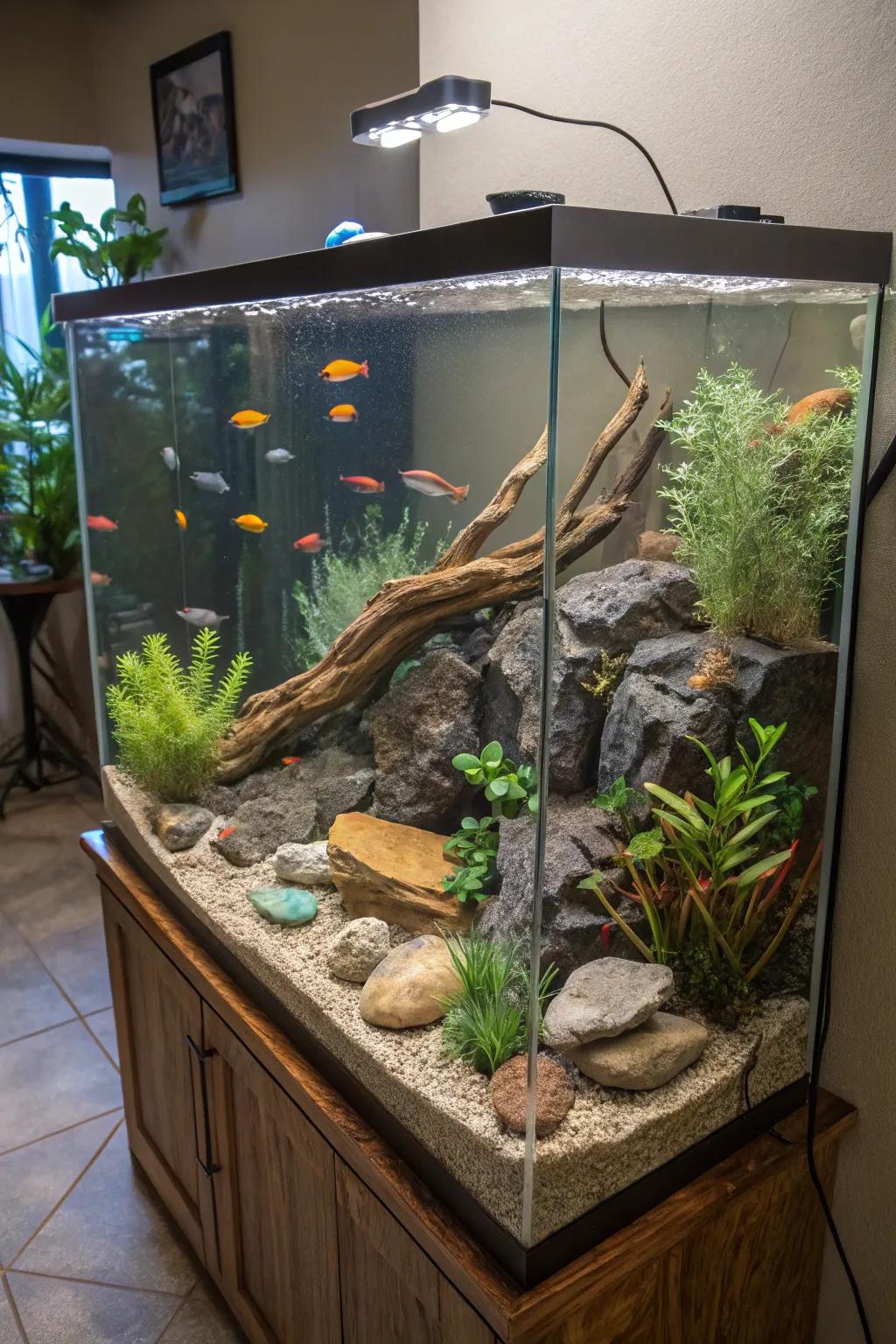 An interactive rockscape invites personalization within this aquascape.