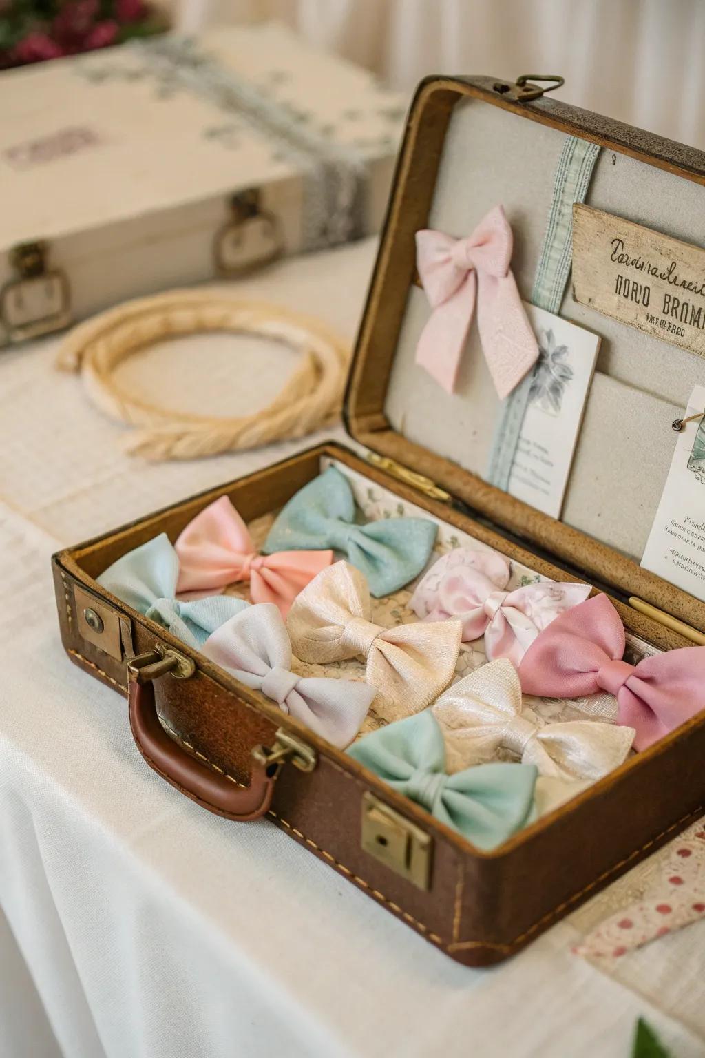 Charming vintage suitcase provides a one-of-a-kind bow display.