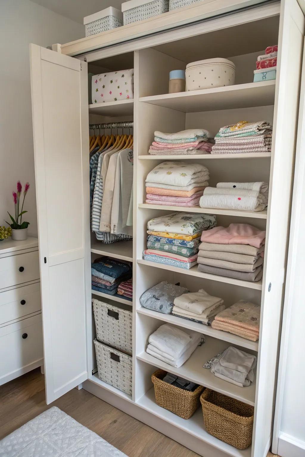 Convert a bookshelf into a multipurpose storage solution for baby clothes.