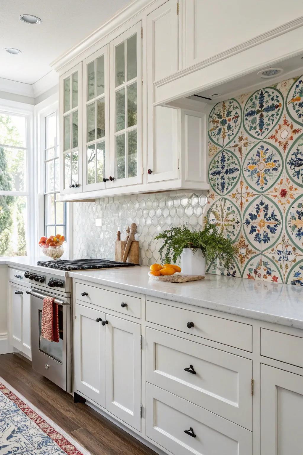 Handpainted tiles create a unique artisan accent in this white kitchen.