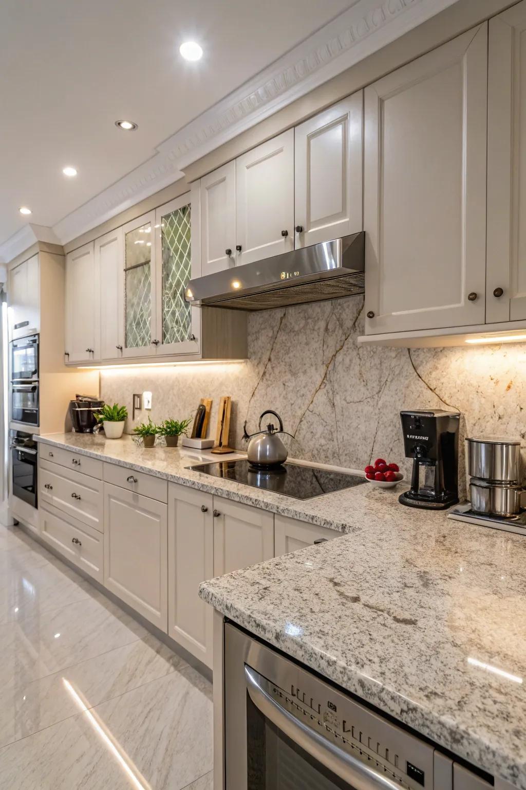 Matching granite results in a unified and seamless kitchen design.