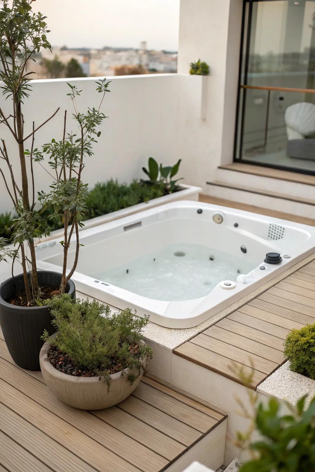 A minimalist design fashions a serene and relaxing hot tub area.