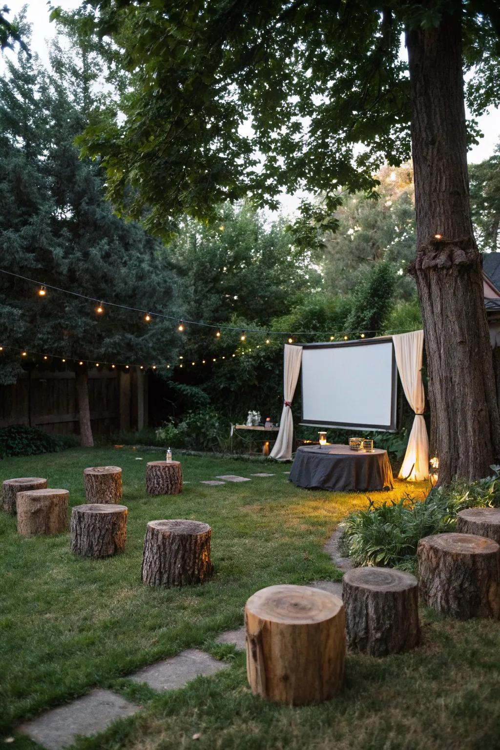 Tree stump seats bring a rustic and natural element to your movie night.