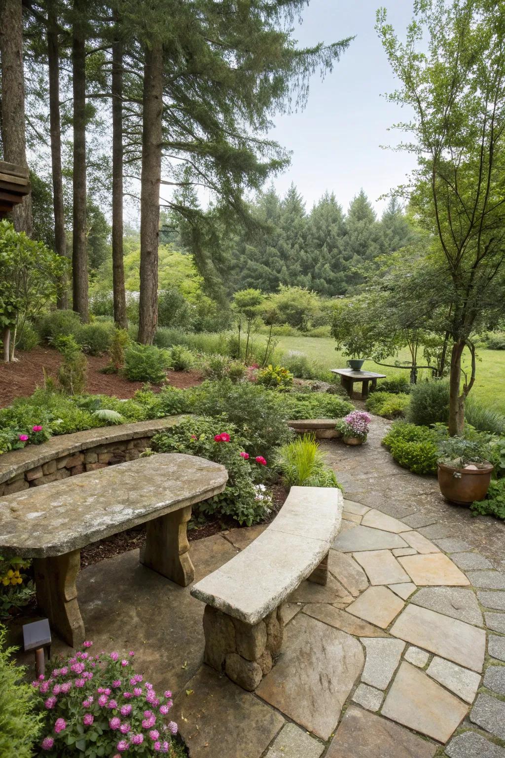 Natural stone seating blends with the outdoor environment.