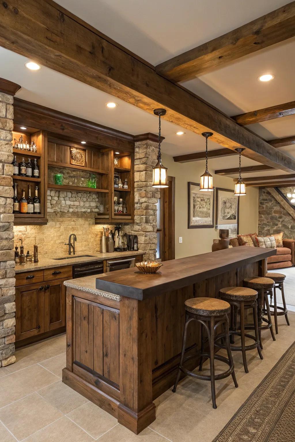A home bar with a repurposed component backsplash and weathered decor.