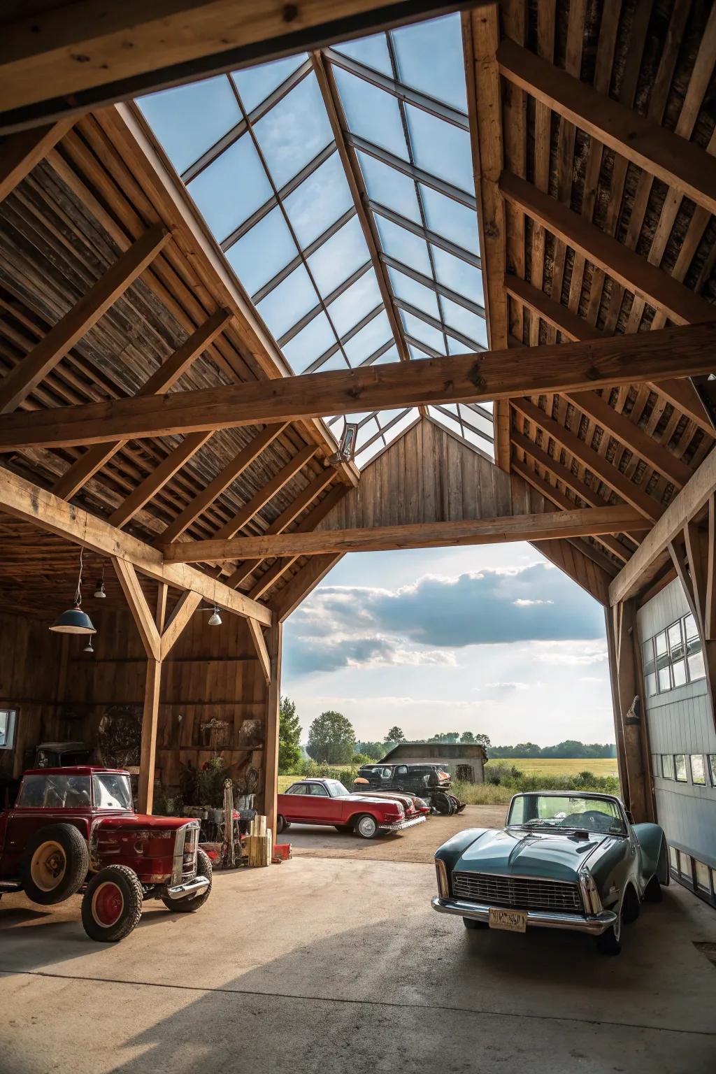 A skylight makes this barn garage bright.
