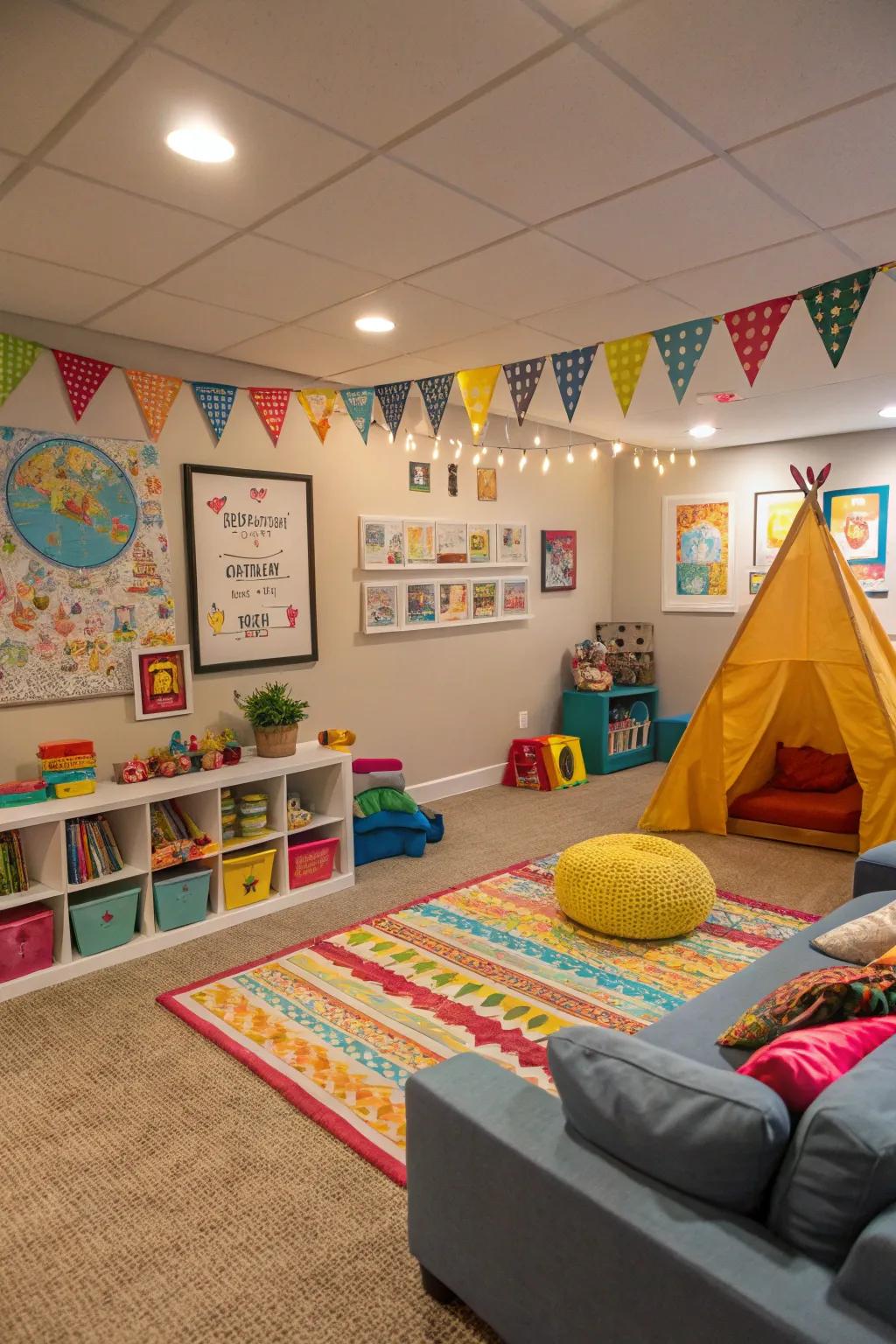 A child-friendly zone lends fun and function to this family basement.