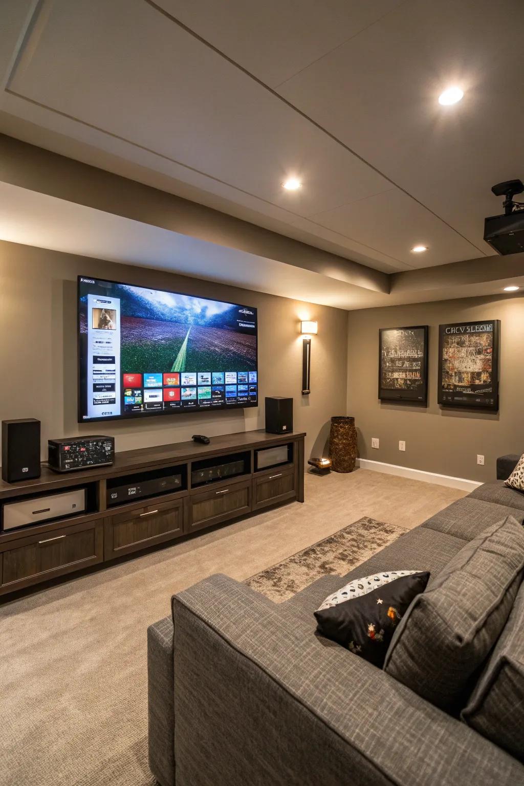 A basement TV room equipped with smart home technology for easy control of lighting and sound.