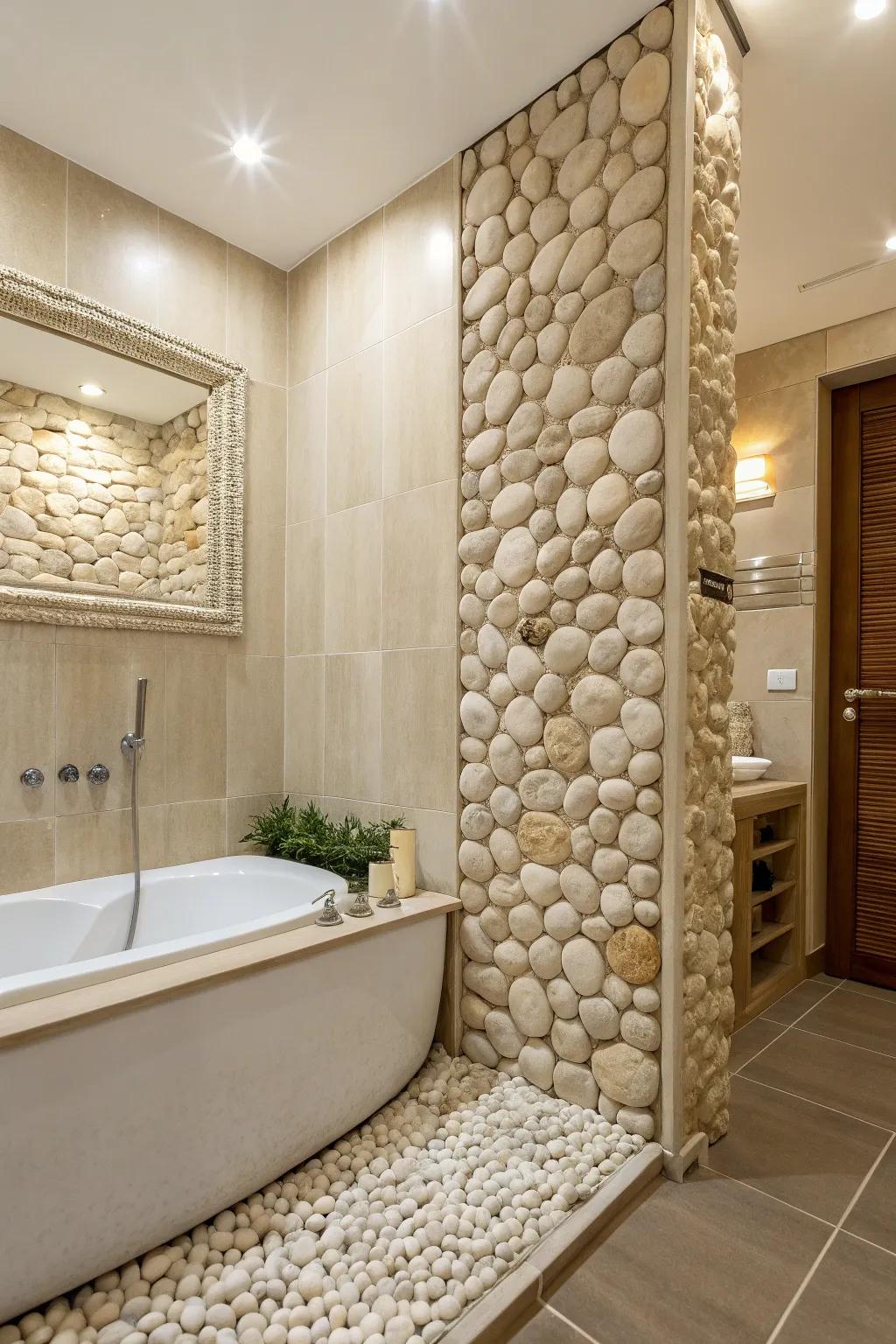 Slick stone walls introduce organic texture and a spa-like ambiance.