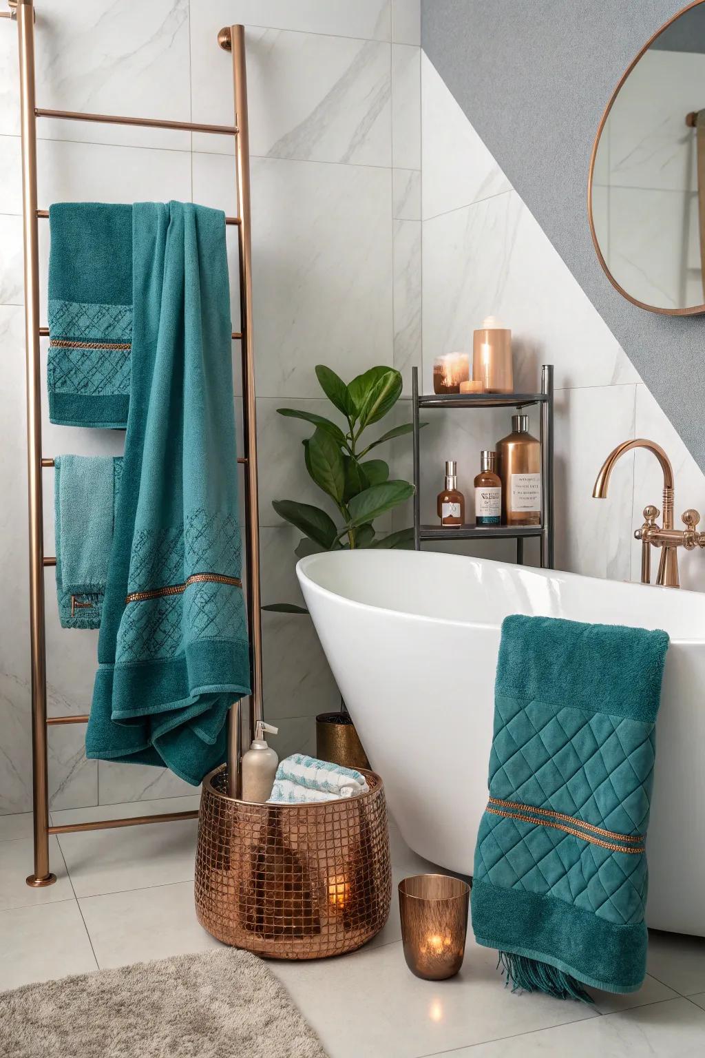 Ocean and bronze towels offer a unique and stylish touch.