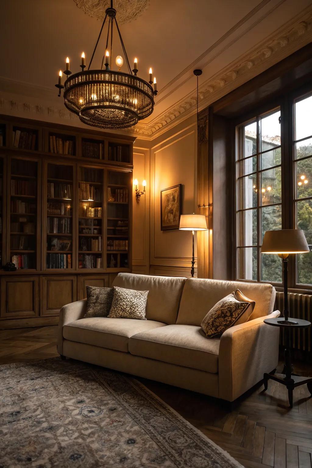 A living room that features a sand-toned sofa is illuminated by striking lighting fixtures.