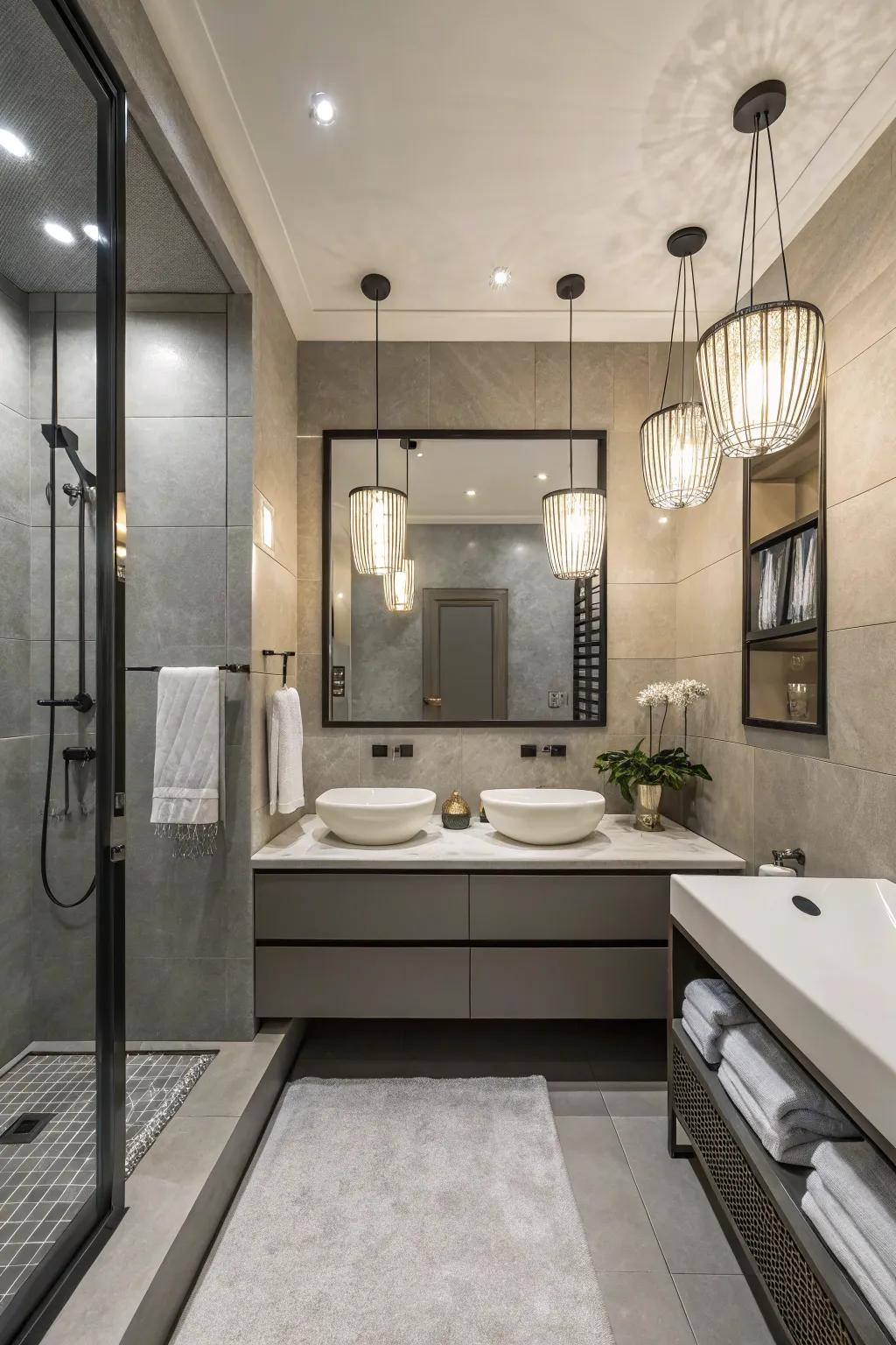 Up-to-date light sources enhance the elegance of this bathroom.